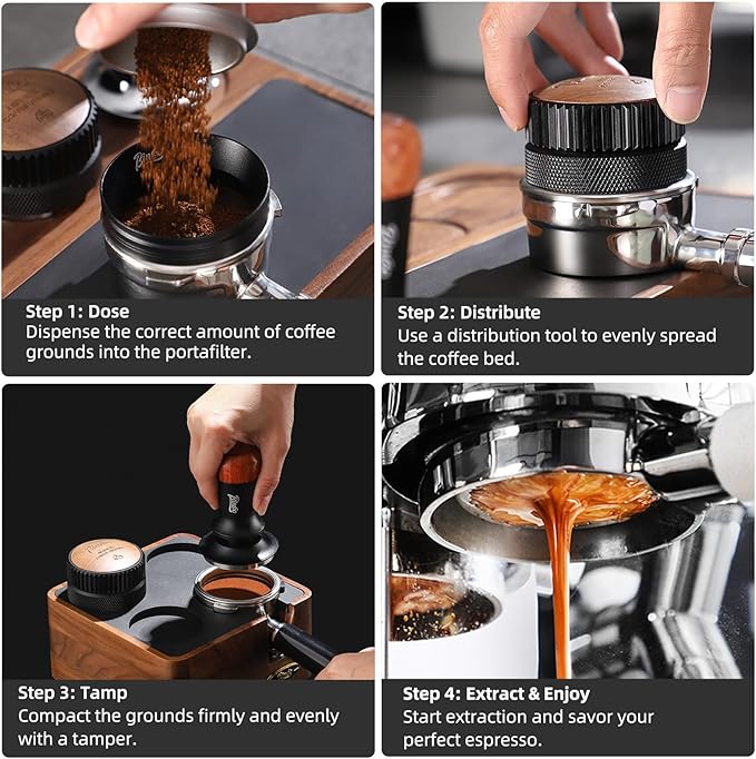 Bincoo 58mm Espresso Distributor Hand Tamper - Adjustable Coffee Leveler Tool for 58mm Portafilter, Walnut Wood Lid, 3-Slope Base Adjustable Depth Espresso Distributor for Barista(58MM Black)