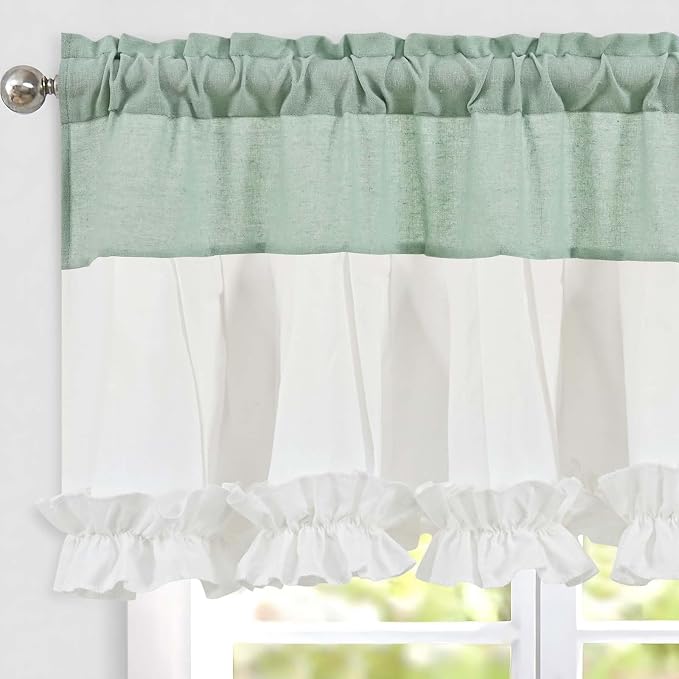Likiyol Linen Valances for Windows Farmhouse Window Valances with Ruffle Rustic Country Light Filtering Kitchen Valance Curtains Rod Pocket Valance for Bathroom Cafe, Teal White, 52" W X 18" L - Image 2
