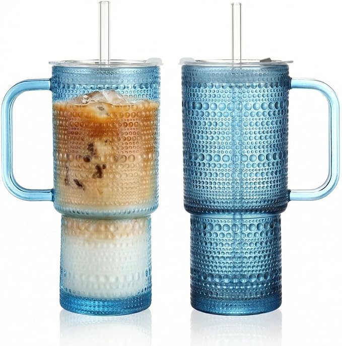 20 oz Blue Glass Tumbler with Lid and Straw, Glass Iced Coffee Cups, Spill-proof Glasses Tumbler with Handle, Glasses Drinking Set of 2, Vintage Glassware for Cocktail, Smoothies by Unknown