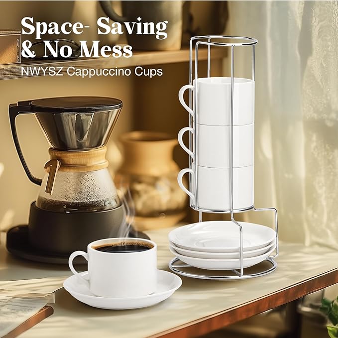 5 Ounce White Porcelain Stackable Espresso Cups with Stainless Steel Holder, Set of 4, Durable Ceramic, Perfect for Home, Office or Gift