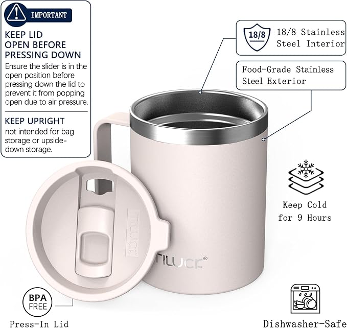TILUCK 12 oz Insulated Coffee Mug with Lid and Handle | BPA-Free Lid, Double-Wall Vacuum Insulation, Stainless Steel Coffee Cup, Dishwasher Safe Mug for Hot & Cold Drinks,SakuraPink - Image 2