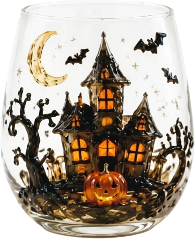 Halloween Themed 3D Inlay Glass Cup, Stemless Egg Shaped Clear Drinking Tumbler, Decorative Transparent Glassware for Home Bar, Farmhouse Halloween Party Table Decoration by Unknown
