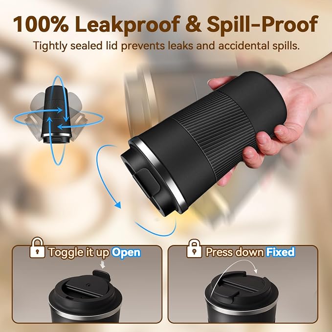 17OZ Travel Coffee Mug Insulated Coffee Cup with Spill Leak Proof Lid, Portable Stainless Steel Tumbler Reusable Hot and Cold Water Mug for Car, Daily, Camping- Black - Image 4