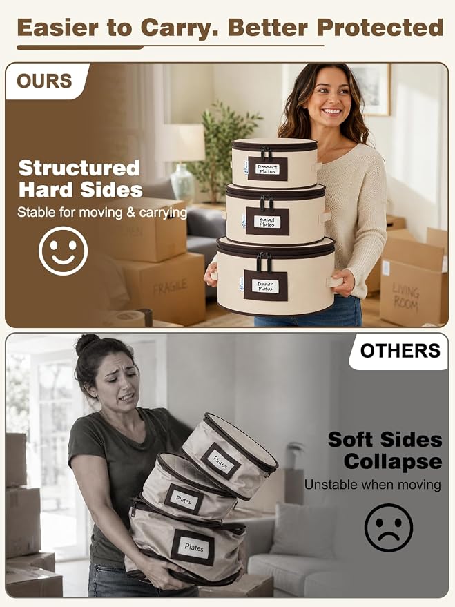 China Storage Containers, 4-Pack Hard Shell Plate & Dish Cases for Moving | Padded dividers and quilted lining protect plates and dishes; stackable for moving and holiday storage, beige hold set of 12 - Image 4