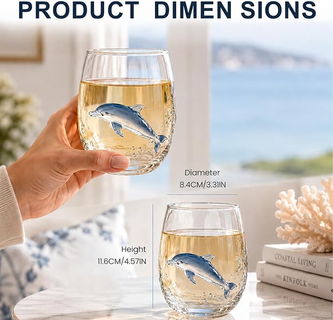 Coastal Stemless Wine Glasses Set of 4, 12oz 3D Ocean Animal Artisan Glassware Collection with Unique Sea Life Designs (C - Set of 1) - Image 3