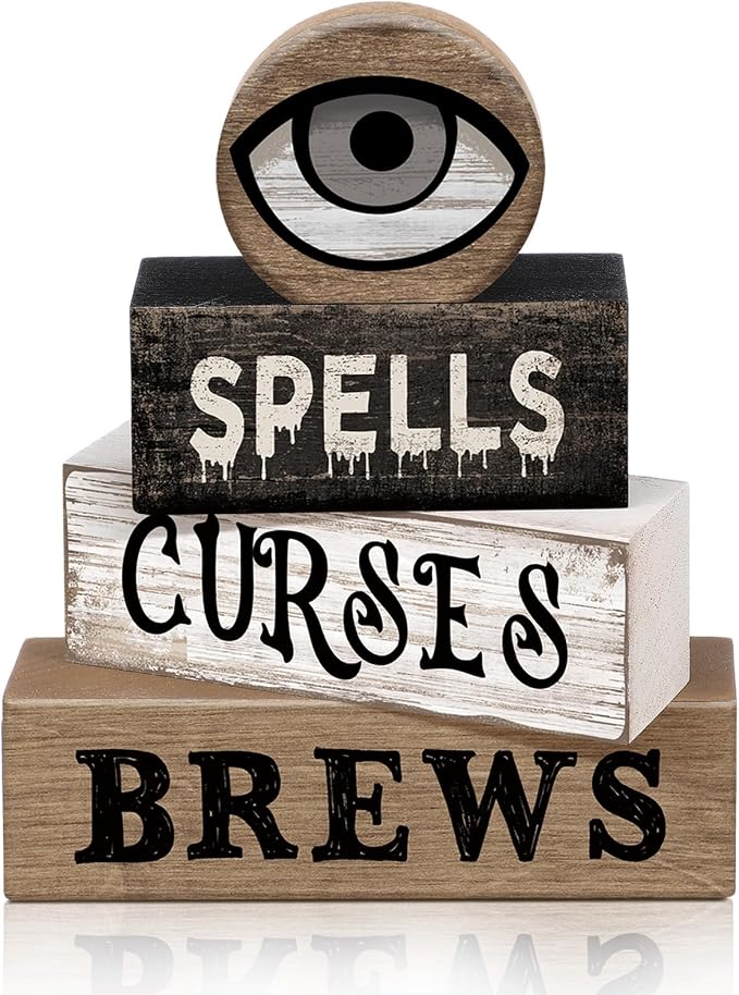Moucuny 4 Pcs Halloween Table Decor Witchy Wooden Stacked Block Decor, "Spells Curses Brews" Signs with Eyeball Topper, Rustic Gothic Halloween Tiered Tray Decoration for Home Office Kitchen Shelf by Moucuny