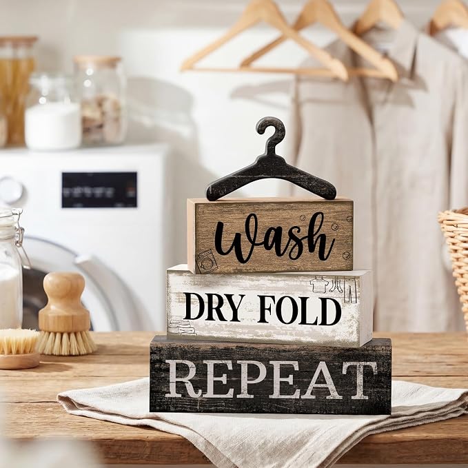 Moucuny 4 Pcs Farmhouse Laundry Room Decor Stacked Blocks, Wash Dry Fold Repeat Wooden Sign Set with Vintage Hanger - Rustic Home Shelf Decor for Laundry Area Housewarming Gift - Image 2