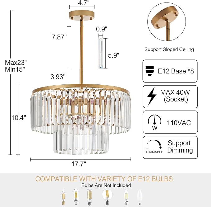 17.7" Gold Semi Flush Mount 2-Tier Crystal Ceiling Light Fixtures for Dining Room Modern Industrial 8-Light Chandeliers Lighting for Bedroom Entryway Hallway Kitchen Island Living Room Foyer - Image 2