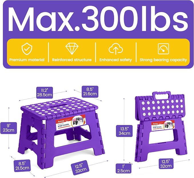 ACSTEP Folding Step Stool 9 Inch, Non-Slip Foldable Stools for Kids, Purple | Heavy Duty Collapsible Foot Stool, Lightweight, Holds 300lb for Toddler/Adults Kitchen Bathroom Bedroom Outdoor, with Handle - Image 4
