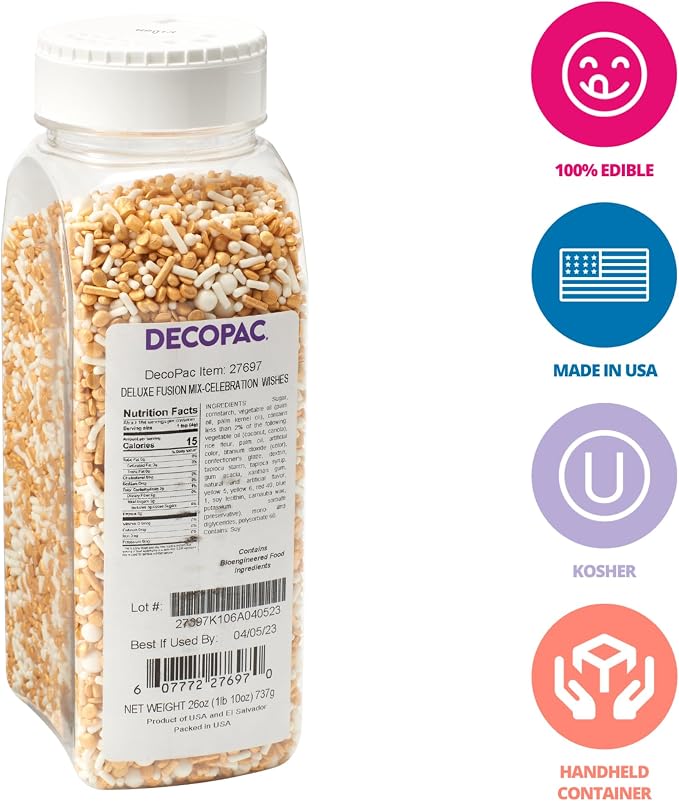 DecoPac Gold Celebration Wishes Fusion Mix Sprinkles, 26oz, Shaped Candy Sprinkles in Handheld Container, Edible Decorations For Celebration Cakes, Cupcakes, Cookies and Donuts - Image 2