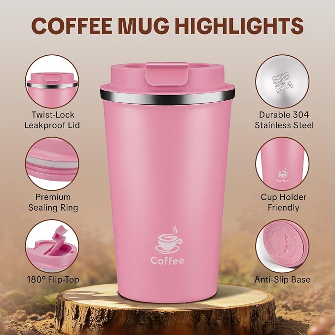 17oz Travel Coffee Mug ,Leakproof Vacuum Coffee Cup Insulated Tumbler | 304 Stainless Steel, Double-Wall Vacuum Insulated, Leakproof, Fits Hot & Cold Drinks Car Cup Holders, Travel, Office - Image 3