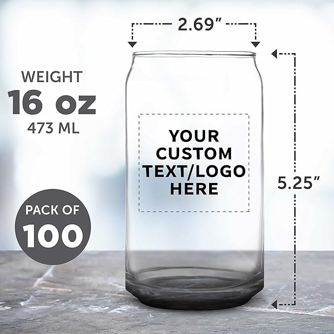 Custom Beer Can Glasses Set of 100, 16 oz. Pint Sized, Promotional Text, Logo, Soda Can Shape, Glassware, Black