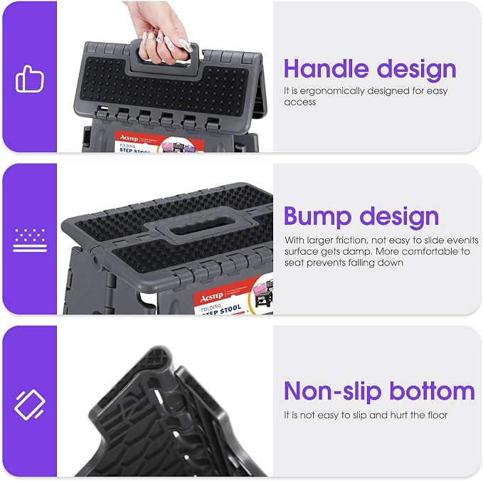 ACSTEP 17.5 Inch Heavy Duty Folding Step Stool, 400 lbs, Dot Grey | Collapsible Stepping Stool for Adults with Handle and Non-Slip Surface, for Kitchen, Garage, Bedroom and Outdoor Tasks - Image 4