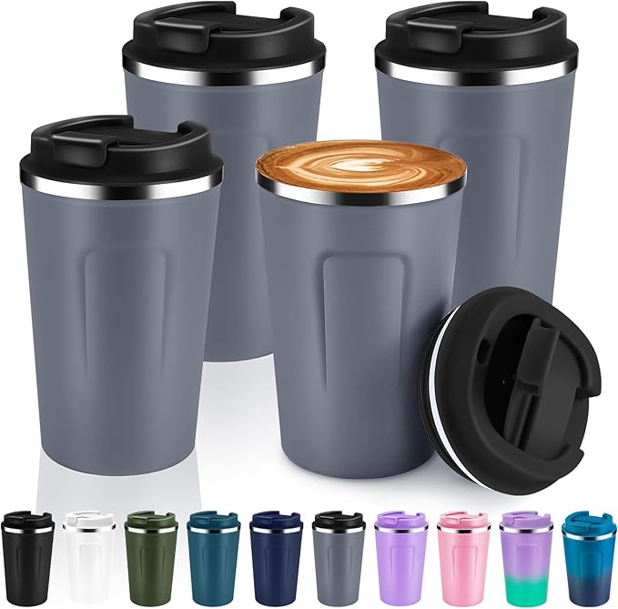 Volhoply 12 oz Double Wall Insulated Vacuum Travel Coffee Mug with Flip Lid Bulk 4 Pack,Reusable Stainless Steel Leak Proof Coffee Cups,Portable Cafe Thermal Tumbler for Hot & Cold Drinks(Gray,4 Set) by LiveFully%EF%BC%8CDrinkFreely%E2%80%94KeepGoingwithVolhoply%EF%BC%81
