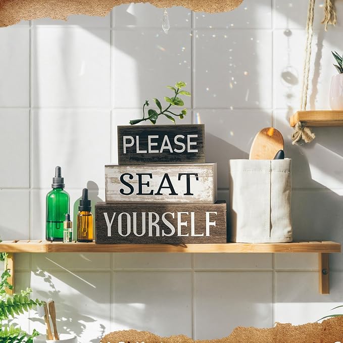 Moucuny 4 Pcs Bathroom Shelf Decor Farmhouse Bathroom Decor and Accessories Please Seat Yourself Sign Rustic Eucalyptus Leaves Wood Block Sign Gift Home Table Centerpiece for Home Office - Image 8