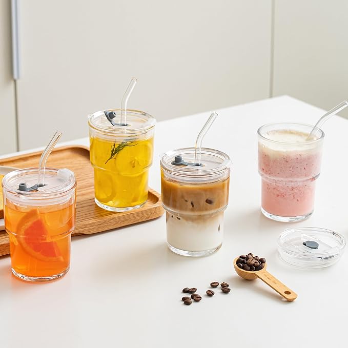 SoulTimes 13oz Clear Glass Tumbler with Lid and Straw – Iced Coffee Glasses Cups for Smoothie, Matcha, Juice, Water etc. Leakproof and Reusable Glassware Drinking for Travel To Go [4Pcs] - Image 2