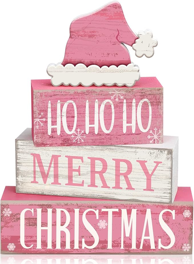 Moucuny 4 Pcs Christmas Table Decorations Pink Santa Hat Decor Christmas Tiered Tray Decor Rustic Wood Pink Hat Block Sign Gift Xmas Table Centerpiece Farmhouse for Home Shelf Kitchen Decorations by Moucuny
