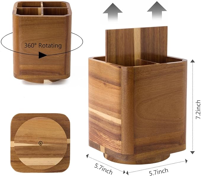 Wood Utensil Holder for Kitchen Counter, 360° Rotating Kitchen Utensil Holder, 7.2"x 6" Large Acacia Cooking Utensil Crock for Countertop (SQUARE) - Image 3