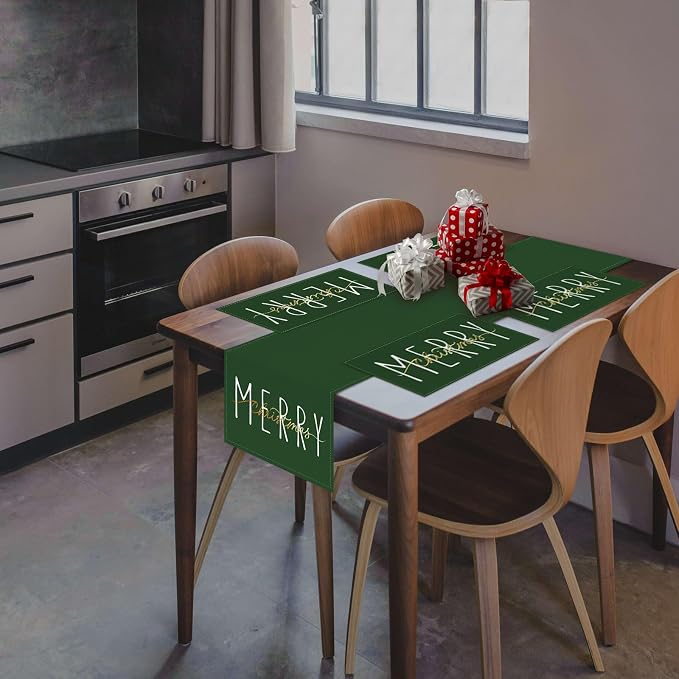 ONWAY Merry Christmas Gold Placemats 12x18 Inch Set of 4 Xmas Winter Holiday Place Mats for Home Party Kitchen Dining Table Decorations Green - Image 3