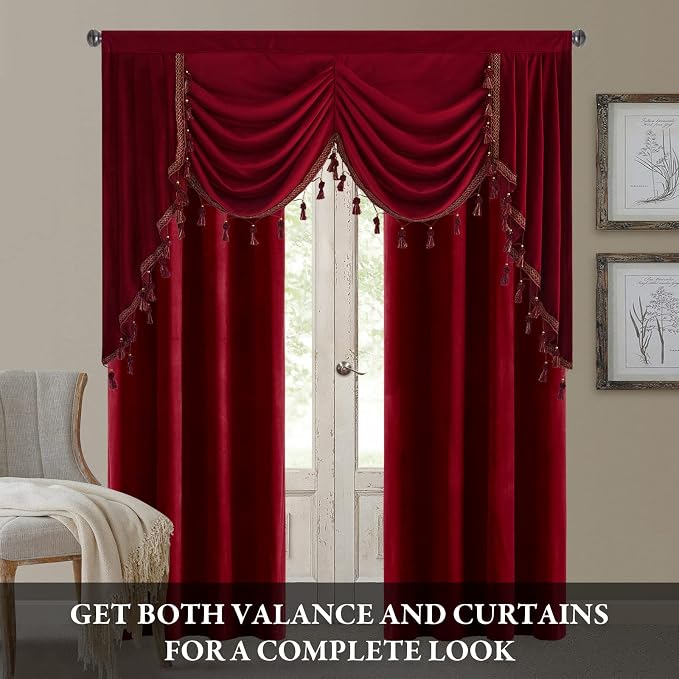 Theater Red Waterfall Valance Curtains W59 inches, 1 Panel | Super Soft Velvet Swag Valances for Christmas Holiday Decoration, Room Darkening Window Drapes for Kitchen, Bedroom - Image 3