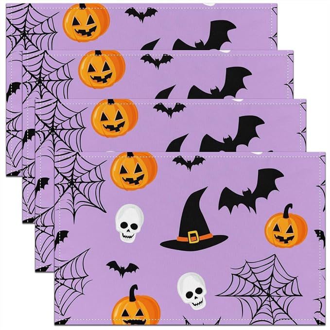 Feelyou Happy Halloween Placemats Set of 4 Pumpkin Lantern Skull Table Mats for Party Kitchen Dining Decoration Purple Orange White Place Mat for Table Holiday Decor Indoor Outdoor 18"x12" Bats Cobweb by Feelyou