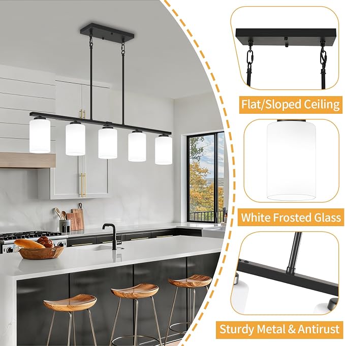 Modern Kitchen Island Lighting, Dining Room Light Fixtures Over Table | 37'' Black Island Lights for Kitchen, 5-Light Farmhouse Linear Chandeliers White Frosted Glass Shade, Adjustable Height - Image 5