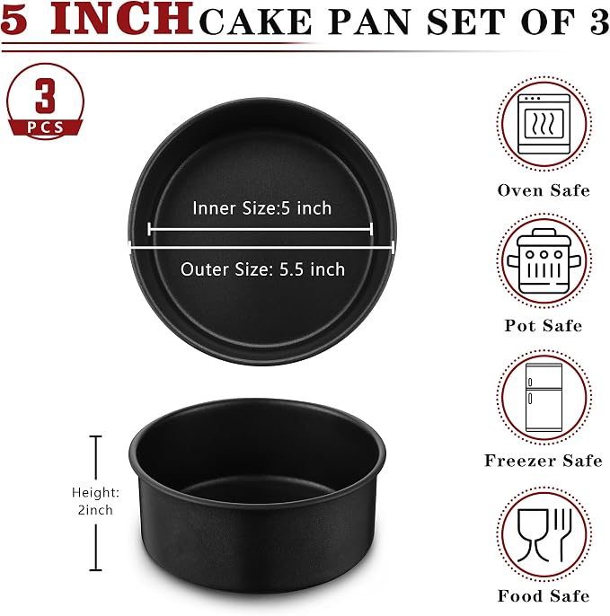 E-far 5 Inch Cake Pan Set of 3, Nonstick Stainless Steel Small Baking Pans Tins, Round Bakeware for Layer Cakes, Stainless Steel Core & Non-Toxic Coating, Straight Side & 2 Inch Deep - Image 2