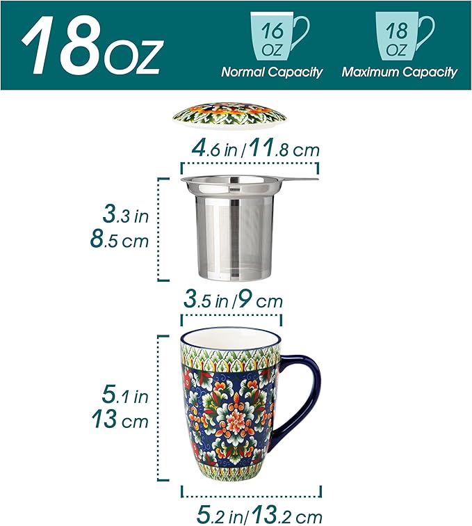 vancasso Ceramic Tea Mug with Infuser and Lid, 18 Ounce Bohemian Loose Leaf Cup, Microwave & Dishwasher Safe, Perfect for Tea, Coffee, Sage-Scarlet Floral - Image 2