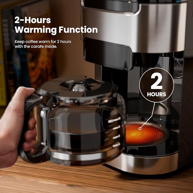 Kismile 10 Cup Drip Coffee Maker with Grinder Built In, Descaling Alert | Adjustable Grind & Brew Strength, 24H Timer, 2H Keep Warm, Reusable Filter & Glass Carafe - Image 6
