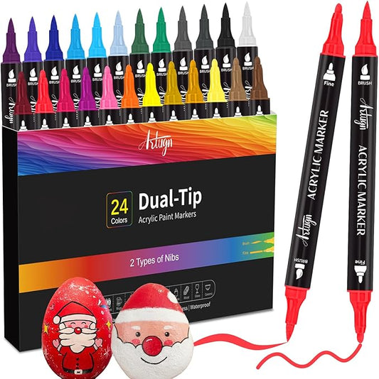 24 Colors Acrylic Paint Pens, Dual Tip Markers for Rock, Ceramic, Wood, Plastic, Calligraphy, Scrapbooking, Card Making, Stocking Stuffers, Christmas Gifts for Teens DIY Crafts
