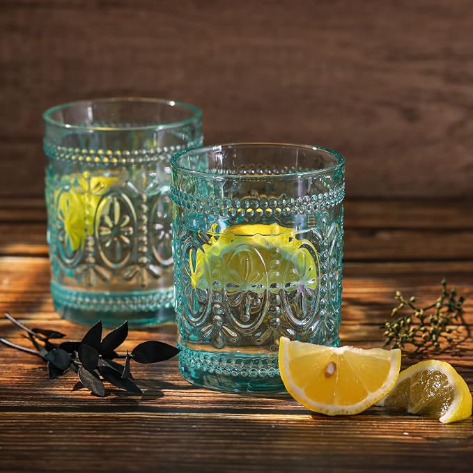 abrwyy Glassware set of 4, Vintage Drinking Glasses, 10oz Heavy Duty Glass Cups, Colored Glassware Set, Embossed Glasses Set for Party Wedding Home Office Glassesware Gift - Image 5