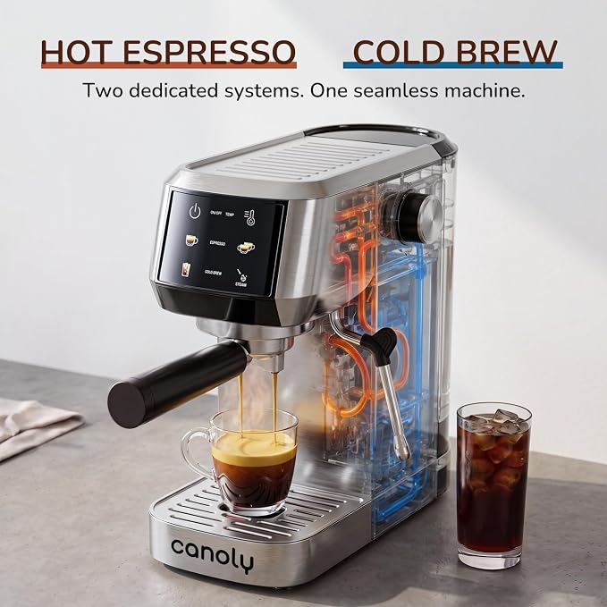 Canoly 2-in-1 Espresso Machine, Cold Brew Maker, 20 Bar Pump, Touchscreen | Steam Milk Frother for Cappuccino and Latte, Compact Home Espresso Maker, 9 Bar Extraction, Fast Heating, Easy Cleaning - Image 7