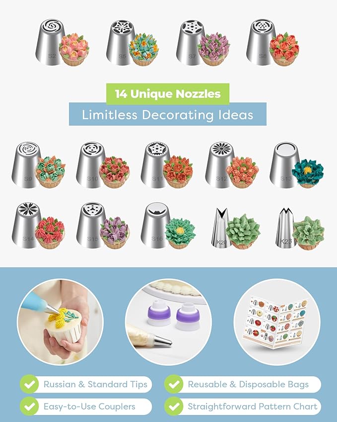 Kootek 48Pcs Russian Piping Tips Set, Piping Bags and Tips Set with 12 Russian Tips, 2 Icing Tips, 30+1 Pastry Bags, 3 Couplers for Cake Decorating, Cupcake, Cookie, Baking