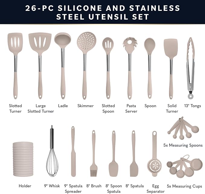 Home Hero Silicone Kitchen Utensils Set - Heat Resistant Non-Scratch Cooking Utensils - Ergonomic Silicone Spatula Set - Dishwasher Safe Kitchen Tools - 26 Piece, Stone - Image 2