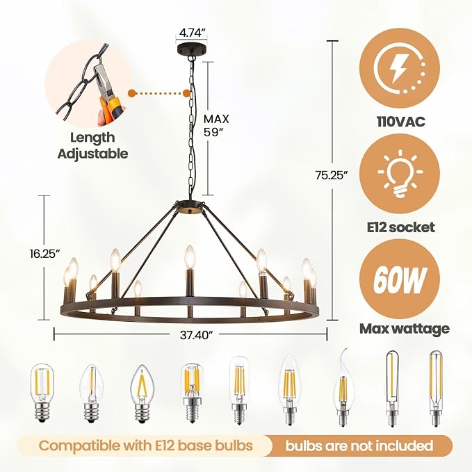 37.5" Black Farmhouse Chandelier,12-Light Large Wagon Wheel Chandelier,Round Dining Room Light Fixtures Over Table,Foyer Chandeliers for High Ceilings,for Kitchen Island,Living Room,Bedroom,Entryway - Image 3