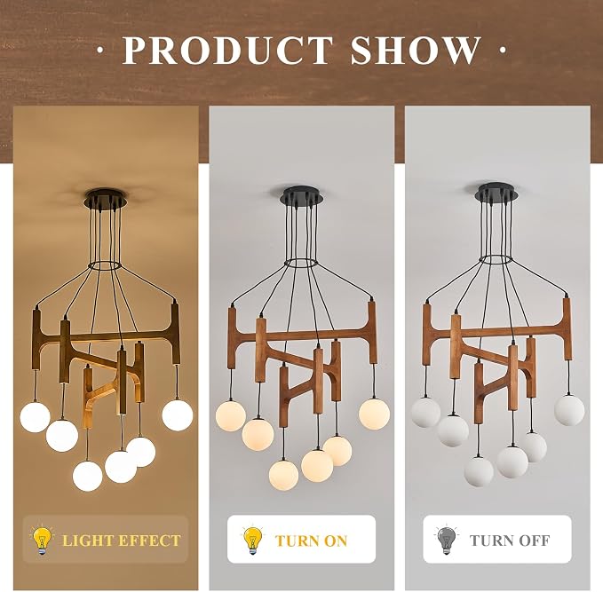 Farmhouse L28 '' Wooden Chandeliers with Milk Glass Globes Lampshades, Rustic Unique Mid Century Long 6-Light Pendant Chandelier for Living Dining Room Entryway Bedroom Kitchen,G9,Wood Stained Walnut - Image 8