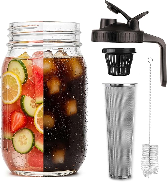 JBHO Cold Brew Coffee Maker 64OZ Marson Jars Wide Mouth Glass Picther Spout Lid with Stainless Steel Filter,Leakproof Maker for Iced Tea,Espresso,Lemonade-Black