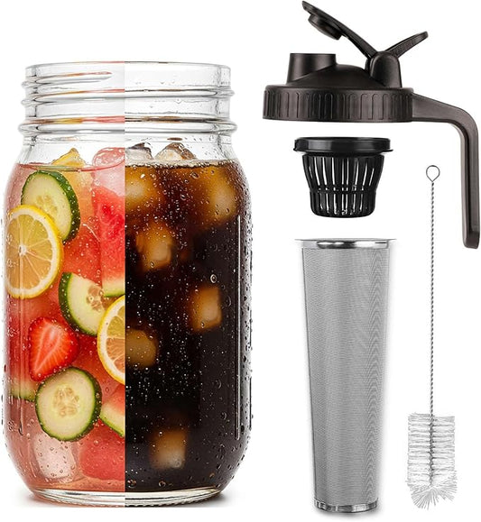 JBHO Cold Brew Coffee Maker 64OZ Marson Jars Wide Mouth Glass Picther Spout Lid with Stainless Steel Filter,Leakproof Maker for Iced Tea,Espresso,Lemonade-Black