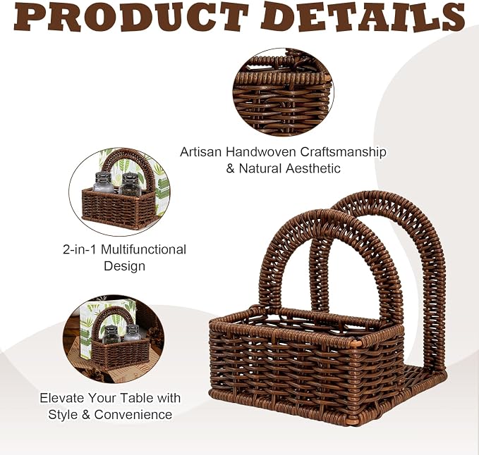 Plastic Rattan Napkin Holder with Salt and Pepper Shakers Holder for Table, Kitchen countertop Organizer (Without Salt, Pepper Shakers & Napkins) - Image 3