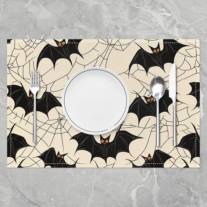 Feelyou Happy Halloween Placemats Set of 4 Bats Pattern Table Mats for Party Kitchen Dining Decoration Holiday Seasonal Beige Black Place Mat for Dinner Table Indoor Outdoor 18"x12" Spider Web Decor - Image 2