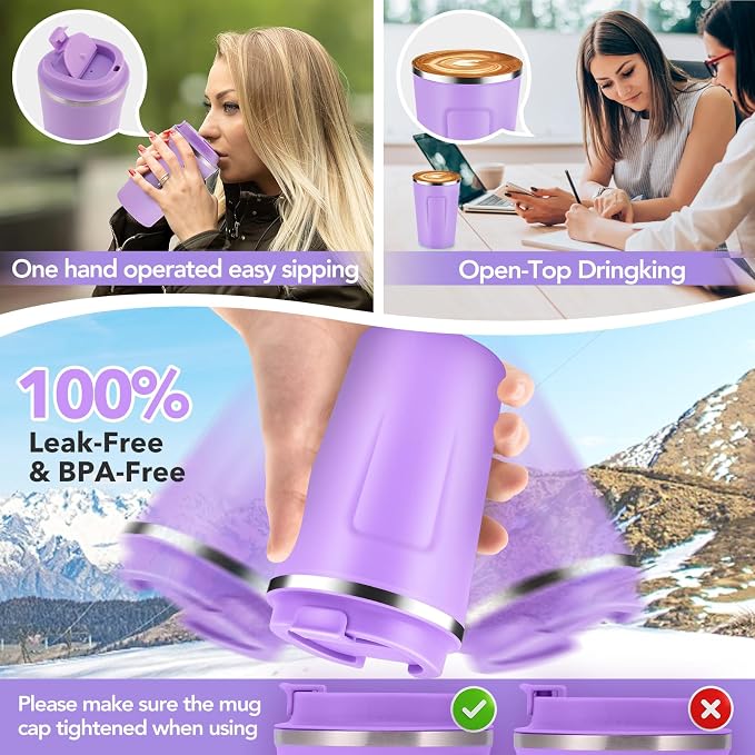 Volhoply 12 oz Double Wall Insulated Vacuum Travel Coffee Mug with Flip Lid,Reusable Stainless Steel Leak Proof Coffee Cup,Portable Cafe Thermal Tumbler Suitable for Hot & Cold Drinks(Purple,1 Set) - Image 6