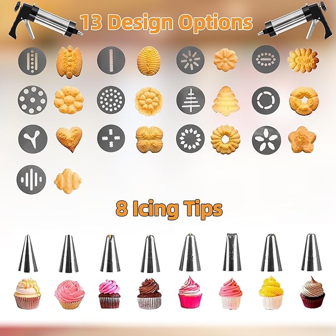 Spritz Cookie Press Gun Kit,13 Cookie Discs+8 Icing Nozzles Perfect for DIY Christmas Cookies and Decorating Cookies,Gifts for Wome(Comes with Cleaning Brush)（black)