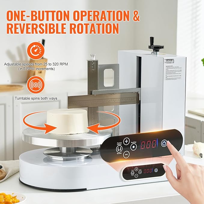 VEVOR Cake Decorating Machine, Cake Cream Spreading Coating Smearing Machine, Low Noise Cake Frosting Machine, Turntable with Adjustable Scraper, for 6" to 14" Cake, 25-320RPM Rotating Speed, White