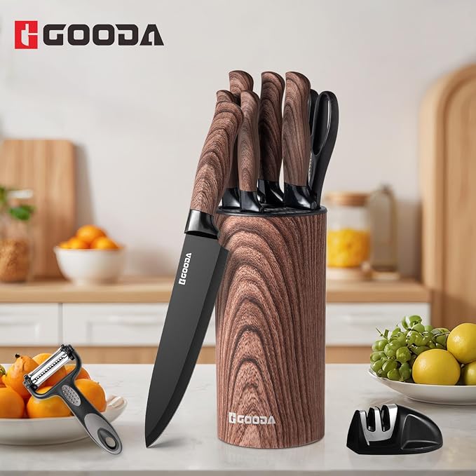 Knife Set,GOODA 9 Piece Kitchen Knife Set with Block and Sharpener, Anti-Rust Stainless Steel Cooking Knives Set for Kitchen, Chef Knife Block Set - Image 5