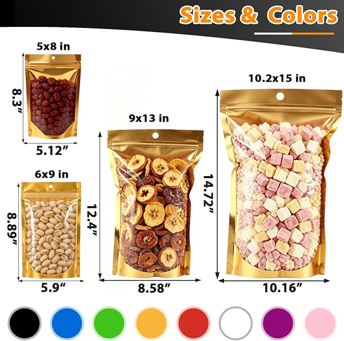 100 Pcs Mylar Bags for Food Storage, 10x15 Mylar Bag with Window Stand Up, Large Holographic Resealable Bags Smell Proof Bag Food Packaging for Small Business Freeze Dried Candy Jewelry Foil Packaging - Image 4