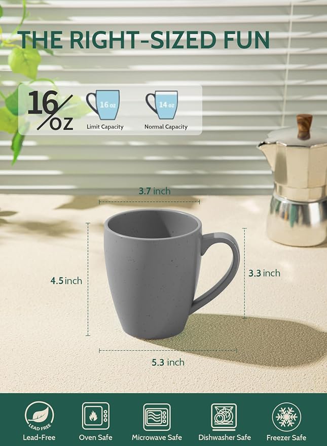 Sweese Porcelain Mugs - 16 Ounce (Top to the Rim) for Coffee, Tea, Cocoa, Set of 4, Neutral Colors - Image 4
