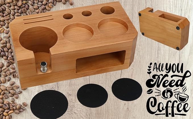 Espresso Tamping Station With Tools - 58mm - Includes Tamper, Distributor, Dosing Funnel & Brush - Wooden Coffee Tamper Station - Espresso Organizer & Portafilter Holder, Best Gift for Coffee Lovers