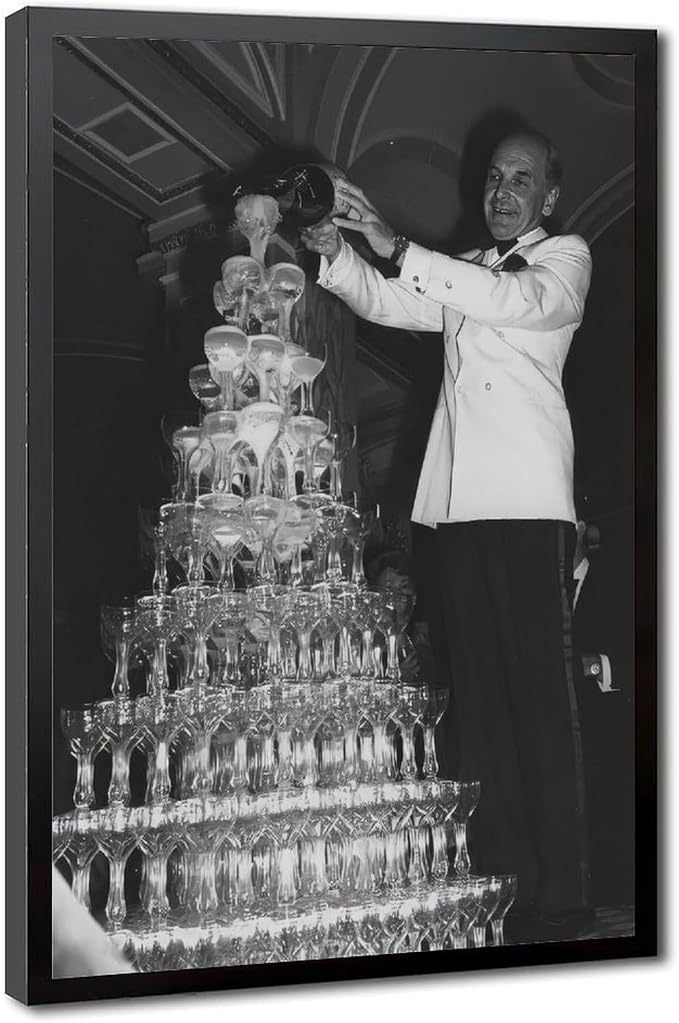 Champagne Tower 1920s, Pouring Over Stacked Glasses Black And White , Alcohol Poster, Bar Cart , Retro Wall Decor Canvas Poster Bedroom Decor Sports Landscape Office Room Decor Gift Black Frame 12x18i by Unknown