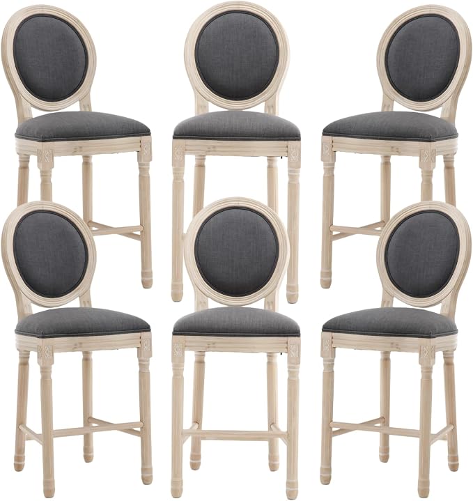 French Country Barstool, Linen Farmhouse Counter Height Chair | Set of 6, with Cushion Round Back and Solid Wood Legs, Oval Chairs for Restaurant, Bar, Kitchen, Café, Dark Grey by RCDDFurniture