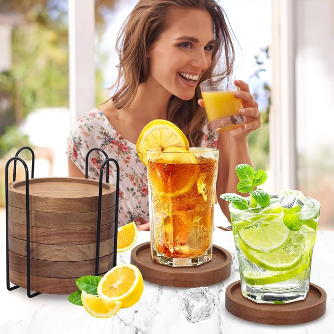 Acacia Wood Coasters Set of 8 Bar Accessories Table Decor Wooden Coaster | Rustic Vintage Drink Coaster with Holder Kitchen Decoration Cool Home Outdoor Cup Coster porta vasos Table Centerpieces - Image 2
